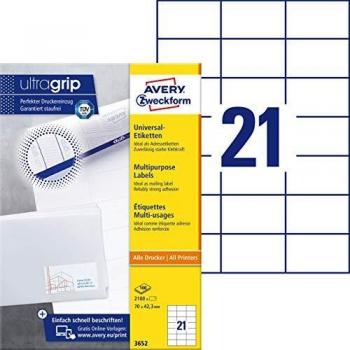 Etiquetas Universales Avery Zweckform 3652, 70 x 42,3 mm, Autoadhesivas, Paquete de 2100 etiquetas (100 hojas)