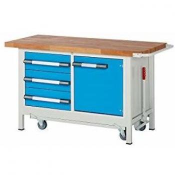 Banco de trabajo móvil y ajustable Eurokraft Pro 476579, con estructura serie 8000, 3 cajones y 1 puerta, dimensiones BxT 1250 x 700 mm