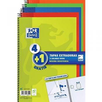 Oxford, Pack de 5 cuadernos, tapa extradura, 80 hojas, Cuadrícula 4x4 , Colores Surtidos