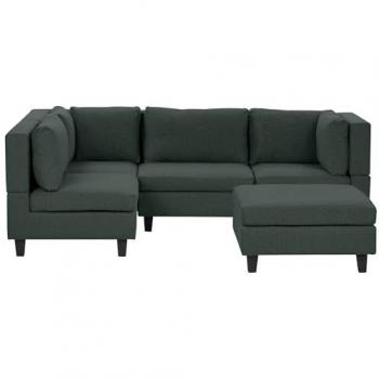 Sofá Modular Esquinero 4 Plazas Tapizado en Tela Verde Oscuro con Reposapiés y Patas Negras Lado Derecho Unstad