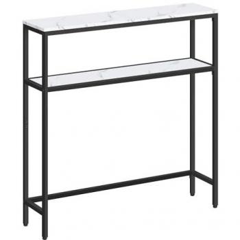 Mesa de Consola Estrecha Moderna 20 x 80 x 80 cm con Acabado en Blanco Mármol y Negro Tinta, Diseño con 2 Estantes para Sala de Estar, Pasillo y Entrada