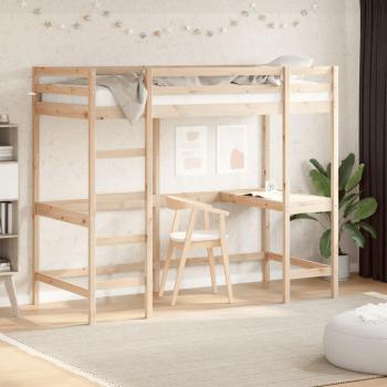Cama loft con escritorio de madera maciza de pino 100x200 cm Marrón