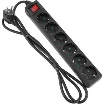 Regleta de enchufes 6 schuko 16A 230V negra con interruptor y cable de 1.5m - BeMatik