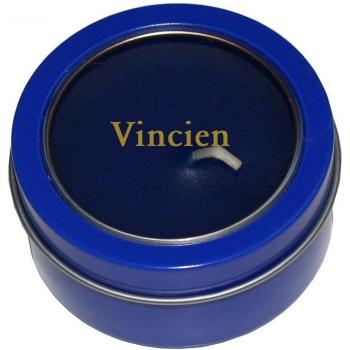 Candela en caja de metal con tapadera plástica con nombre grabado: Vincien