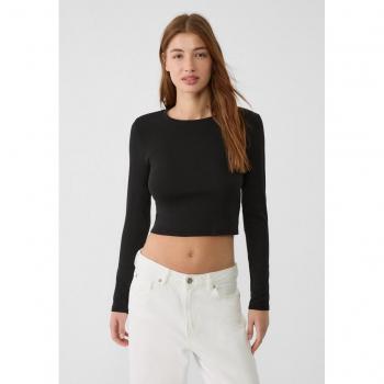 Stradivarius Black Long Sleeve Cropped Cotton T-Shirt L