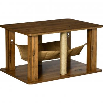 PawHut Mesa de Centro Hamaca para Gatos con 2 Postes Rascadores de Yute, Estante Inferior de Almacenaje y Diseño Moderno 79x59x45,5 cm Marrón
