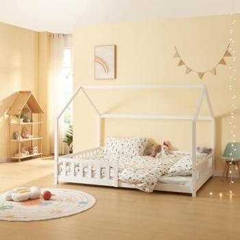 Cama Infantil Hesel en Forma de Casa de Madera de Pino con Barandilla 140x200cm - Blanco