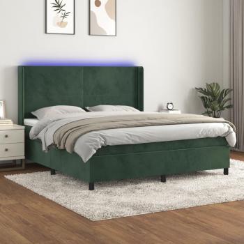 Cama Box Spring con Colchón y LED Terciopelo Verde Oscuro 160x200cm