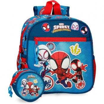 Mochila Infantil Spider-Man Go Webs Go de 23 cm x 25 cm x 10 cm en Poliéster Azul con Porta Chupete