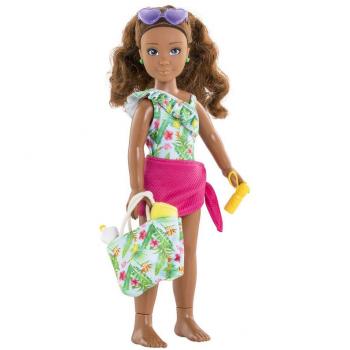 Muñeca Corolle Melody Playa - Muñeca de 36 cm, cuerpo de vinilo suave, cabello largo y peinable, vestida con traje de baño multicolor, incluye accesorios para la playa como toalla y sombrero