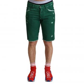 Dolce & Gabbana Green Tattered Cotton Denim Bermuda Shorts - IT44 | XS
