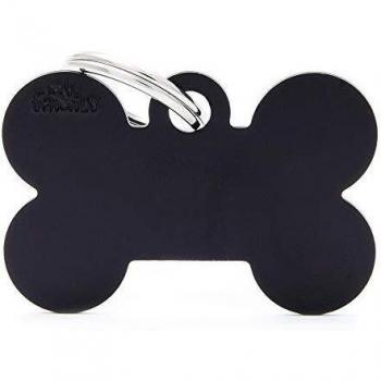 Medallita Personalizada para Perros y Gatos en Aluminio Negro, Forma de Hueso Grande, 38x25 mm