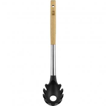 Bra Market Cuchara para Pasta de Acero Inoxidable, Madera de Haya y Silicona Gris con Laterales Dentados