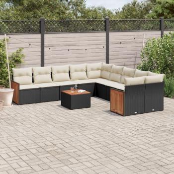 11-Piece Black Poly Rattan Garden Sofa Set with Cushions