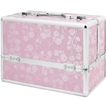 AMASAVA Maletín para Maquillaje, Estuche de maquillaje, Estuche de cosméticos, 36 x 21.5 x 25.5 cm, en ABS de aluminio, con cerradura, 4 bandejas, rosa