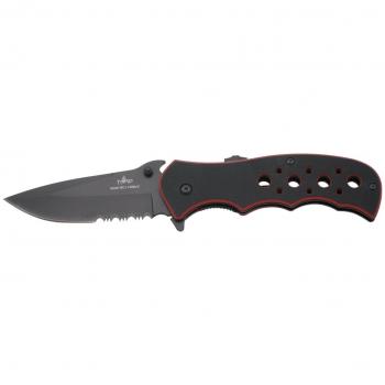 Navaja Third K1905RDS con Mango de G10 Bicolor Negro y Rojo, Hoja de Acero Inoxidable 8Cr14MoV de 9,8 cm con Sierra y Abrebotellas - Incluye Funda de Alta Calidad y Caja de Presentación