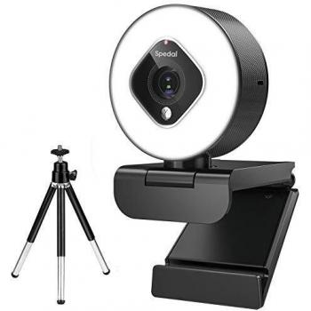 Webcam PC con luz y Tripode, Cámara Web con Zoom,Cámara de Streaming para PC portátil, Juego, Webcam Adecuado para Facetime, Skype, Compatible con Windows, Mac【Lncluyendo Software】