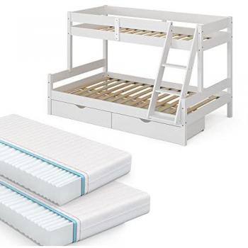 Litera Everest, Blanca, 120x200 / 80x200 cm con 2 colchones y 2 cajones de madera maciza