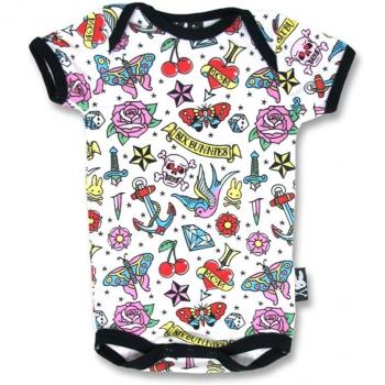 SIX Bunnies Baby Body Old School Tattoo Print - Cute Flash Camiseta Pelele blanco multicolor Talla:6-12 meses