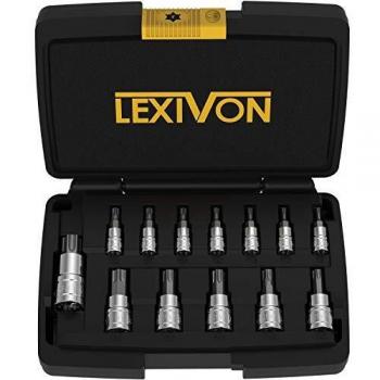 LEXIVON Juego de llaves de vaso Torx de acero aleado S2 Premium | Juego de 13 piezas Star T8 - T60 | Estuche de almacenamiento mejorado