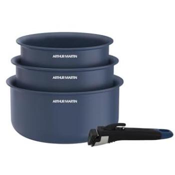 Juego de 3 Cacerolas Cerámicas Arthur Martin AM0320 - Inducción - Ø 16-18-20 cm + Mango Extraíble - Azul