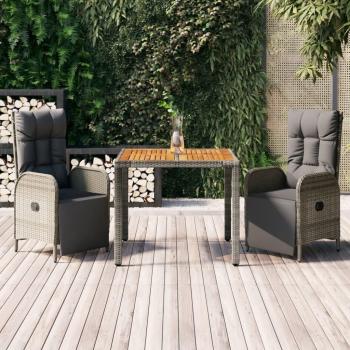 3-Piece Grey Poly Rattan Garden Dining Set with Cushions