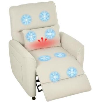 Sillón Relax Reclinable Eléctrico con Calor Lumbar y Masaje Vibración, Motor Silencioso, Función de Memoria, Almohada y Control Remoto - Crema