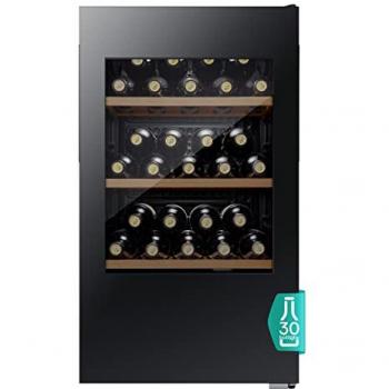 Hisense RW12D4NWG0 Nevera de vino independiente 30 botellas, temperatura única, color negro, con estantes de madera, pantalla táctil y luz LED