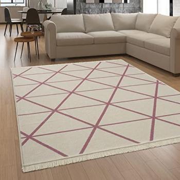 Alfombra Lavable Geométrica Nordica Boho 200x280 cm Color Rosa con Flecos