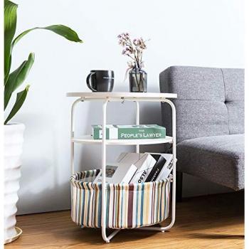 Rackaphile Mesa Auxiliar Redonda de 3 Capas con Cesta de Almacenamiento, Mesa Auxiliar Moderna, mesita de Noche de Espresso, Capacidad 20kg con Bolsa de Tela para salón, Dormitorio, Color Blanco