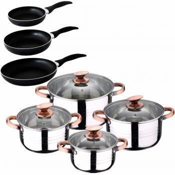 San Ignacio - Cocina- Batería 11 piezas: 4 cacerolas 4 tapas de vidrio y 3 sartenes 16/20/24, acero inoxidable, inducción