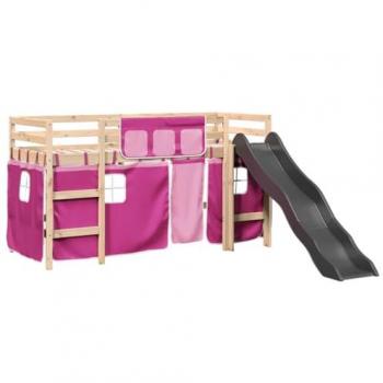Cama alta para niños con cortinas de madera de pino rosa 80x200 cm