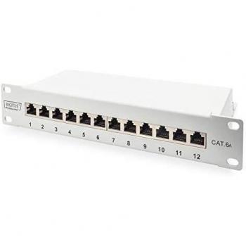 DIGITUS Cat 6A Patch Panel, Shielded, 12-Port Label Field, 1U, 10 Rack Mount, Grey RAL 7035