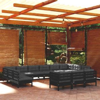 Sofá de jardín 13 PCs con cojines negro y madera de pino