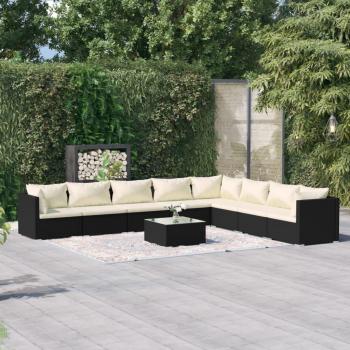 9-Piece Black Poly Rattan Garden Lounge Set with Cushions