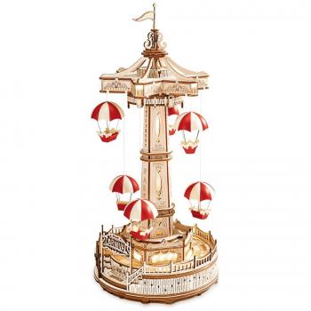Maqueta Rokr Torre Paracaídas - Kit de montaje Robotime EA01, 184 piezas, color madera, dimensiones 14 x 14 x 30 cm (Rojo y Blanco)