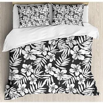 Juego de sábanas tropicales de 3 piezas Juego de funda nórdica, flores de hibisco exóticas artesanales Patrón de hojas de helecho Arte de imagen de plantas naturales, juego de fundas de edredón / edre