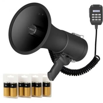 Megáfono Potente de 50W con Sirena, Grabación de 700 Segundos, Control de Volumen, Bluetooth, Micrófono de Mano y Puerto USB - Alcance Máximo: 1200m, Negro Mate