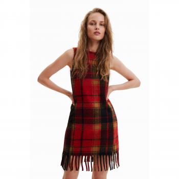 Red Checked Sleeveless Dress with Round Neckline and Zip Fastening for Women - Size L