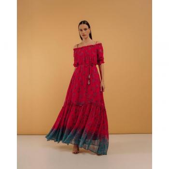 Vestido Estampado Floral Largo Ancho con Volante