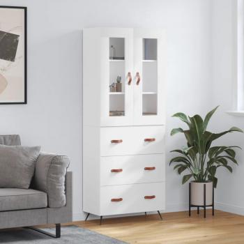 Aparador alto de madera contrachapada blanco brillo 69,5x34x180 cm con 3 cajones, mueble de almacenaje para salón, buffet y armario auxiliar