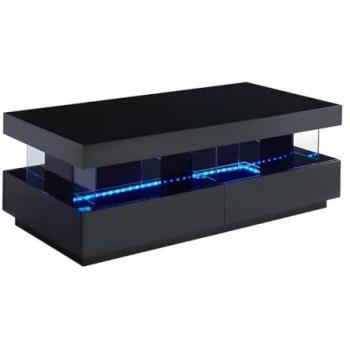 Mesa de centro FABIO II - MDF lacado negro con LEDs, 2 cajones y 2 estantes