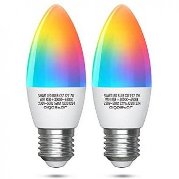 Aigostar Bombilla LED inteligente WiFi vela C37, 7W, E27 rosca gorda, RGB + CCT. Regulable multicolor + luz cálida o blanca 3000 a 6500K. Compatible Alexa y Google Home.Pack 2 uds