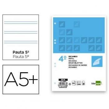 Recambio Liderpapel RC11 Cuarto 100 Hojas 60G/M2 Pauta 5ª 2.5Mm Con Margen 6 Taladros