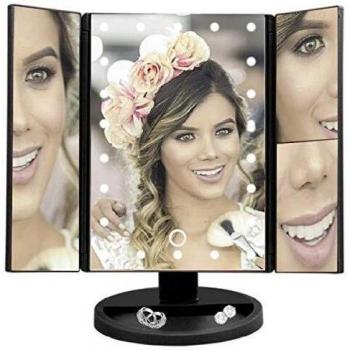 Espejo de Maquillaje con 22 Luz Led y Aumentos x1 x2 x3 Negro o Blanco, para Mesa, Sobremesa o Escritorio | Espejo Tocador Lupa Zoom con Rotación 180° Luces Intensidad Regulable Carga USB o Batería