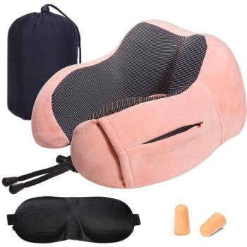 Almohada de Viaje Cervical Viscoelástica de Espuma de Memoria, Cojín de Viaje para Cuello Soporte Cervical con Máscara de Ojos, Tapones y Bolsa de Transporte para el Uso del Avión y el Hogar [Rosa]