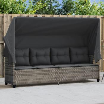 Tumbona con capota y cojines de ratán sintético gris vidaXL para exterior, ideal para jardín, playa, piscina y terraza