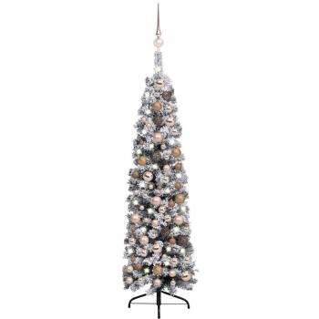 Árbol de Navidad artificial delgado con LEDs y bolas verde 150 cm