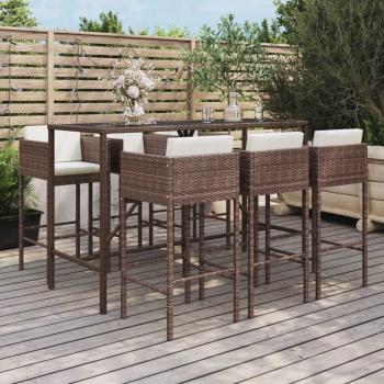 7-Piece Brown Poly Rattan Garden Bar Set with Cushions
