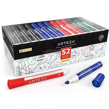 Arteza Rotuladores de pizarra blanca | Pack de 52 | 4 colores surtidos | Marcadores de punta biselada | Olor bajo | Rotuladores borrables en seco, para el aula, la oficina y el hogar